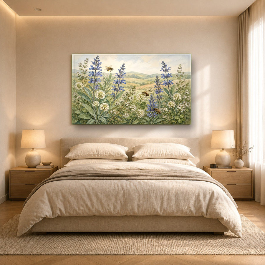 Wild Flowers Garden print showcased in a serene spa relaxation room