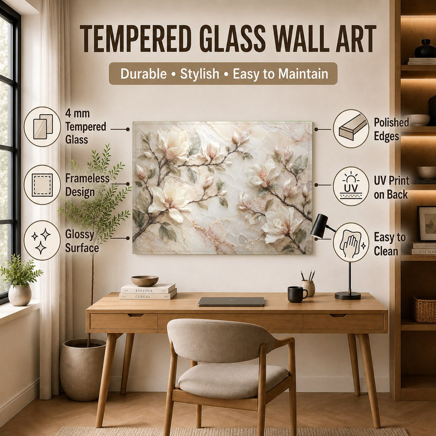 Magnolia Marble Glass Wall Art mounted in a luxury spa waiting area with warm lighting