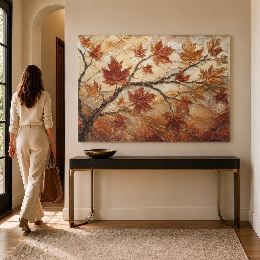 Vibrant fall foliage tempered glass print displayed in a rustic dining room next to a wooden table.
