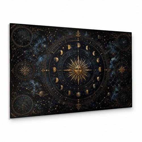 The Cosmic Atlas glass wall art hanging above a modern gray sofa in a contemporary living room.
