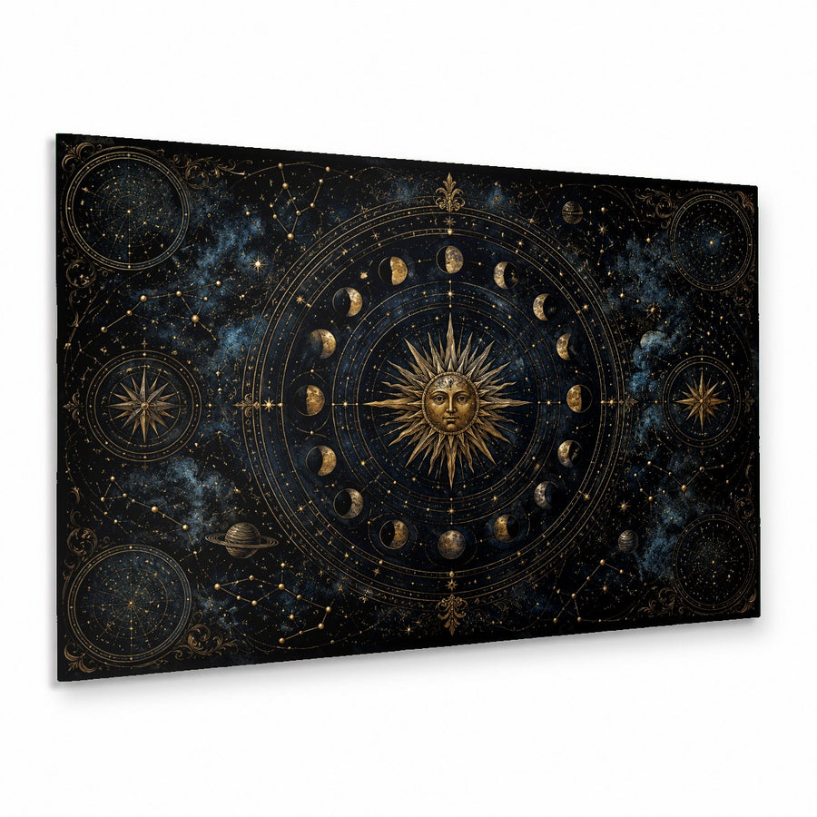 The Cosmic Atlas glass wall art hanging above a modern gray sofa in a contemporary living room.