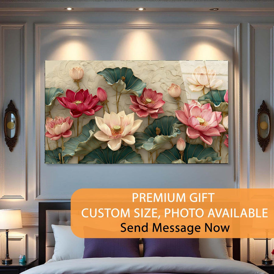 Framed floral artwork on a wall above a bed with promotional text overlay.