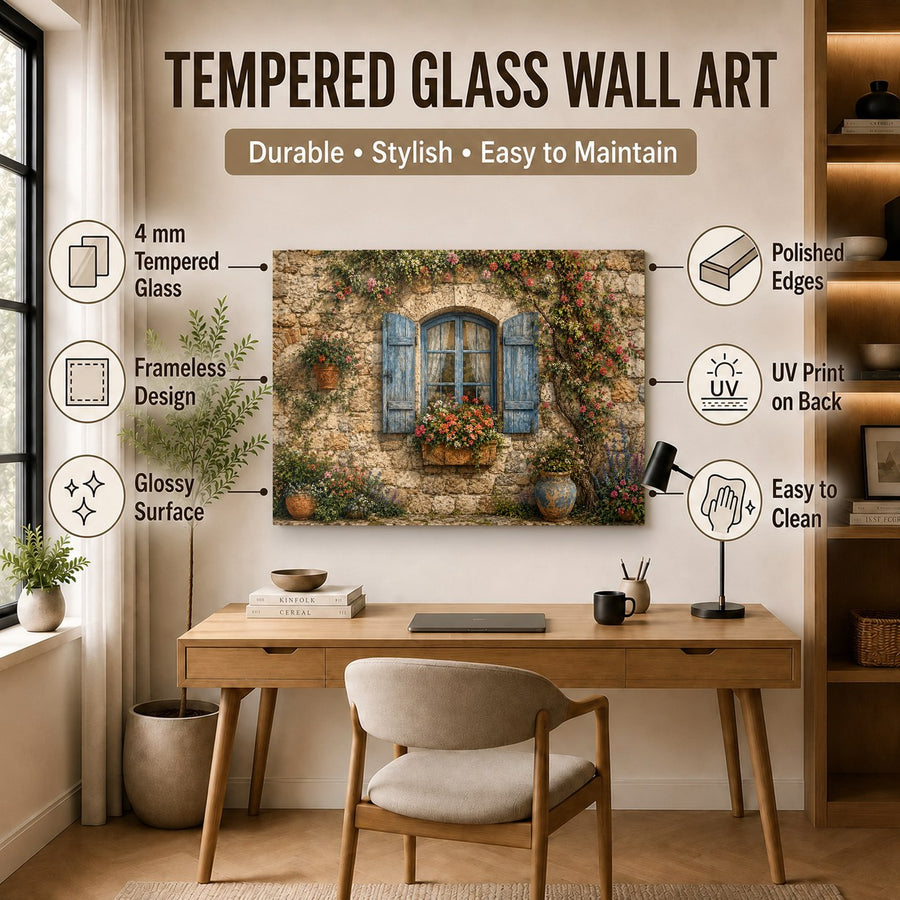 Rustic window scene tempered glass art adding warmth to a minimalist spa treatment room.
