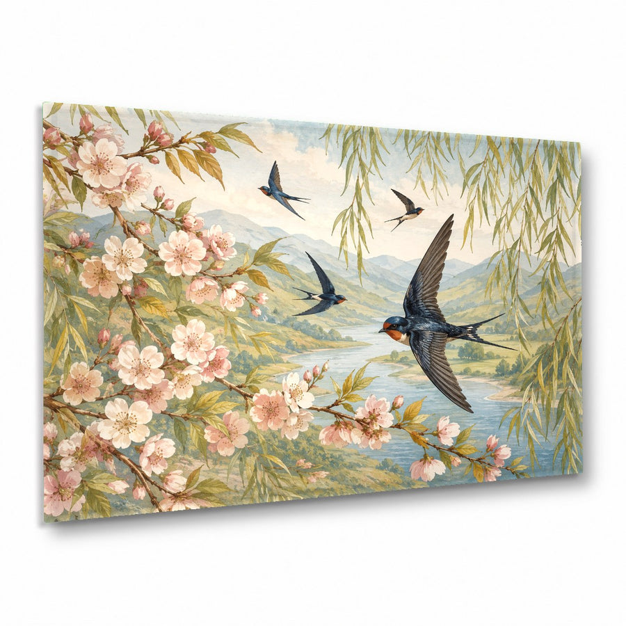 Flying birds glass wall art hanging above a modern living room sofa