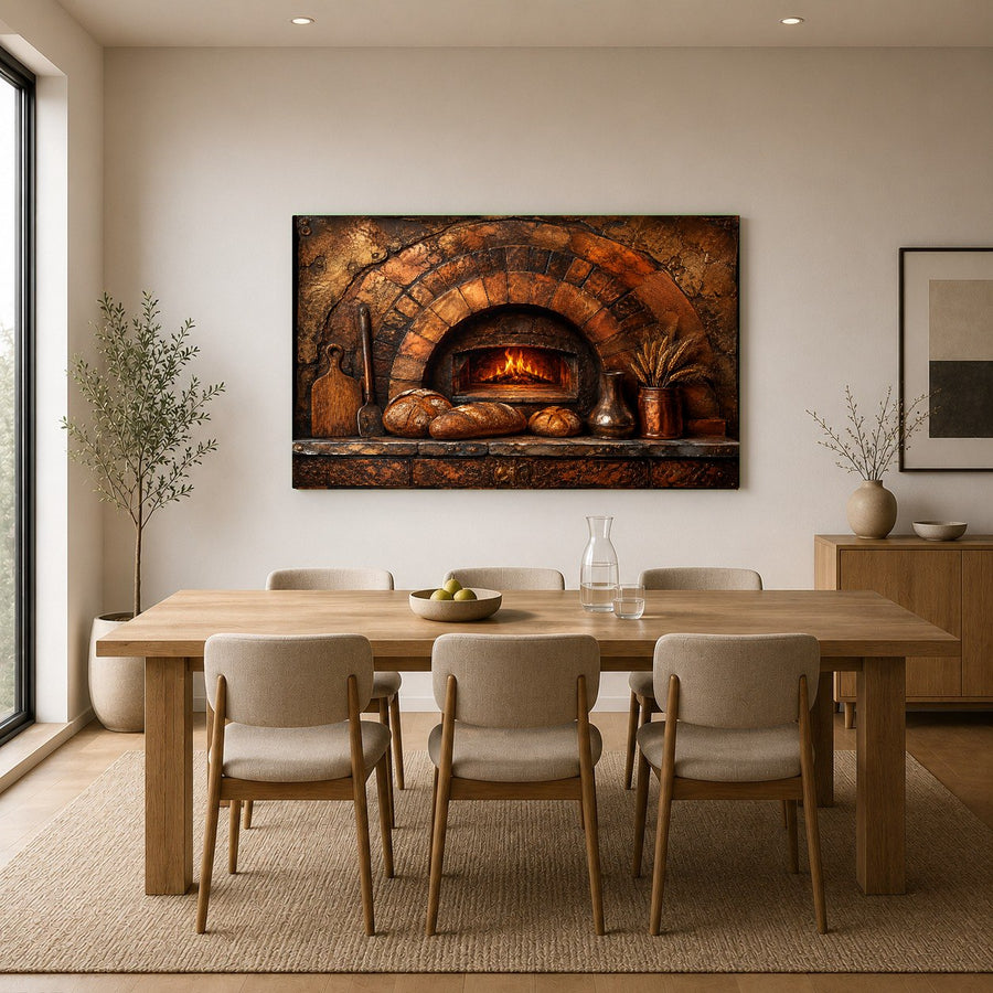 Close-up of the glossy, scratch-resistant tempered glass print showing a detailed brick oven design.