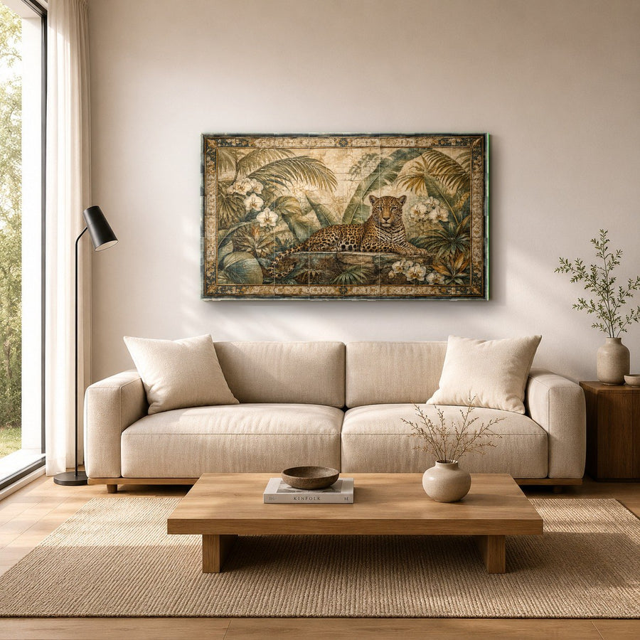 Horizontal shot of leopard tempered glass print above a dark wood entryway console