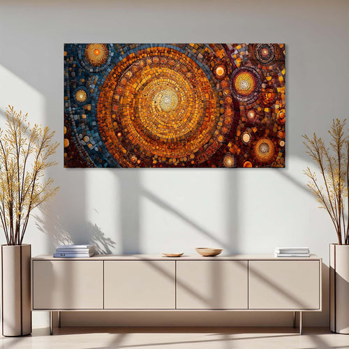 Circular mosaic art piece with concentric circles in warm colors on a white background