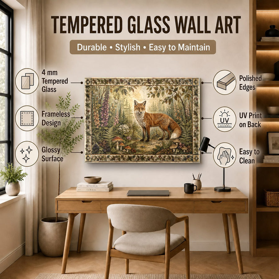 Elegant hotel lobby seating area accented by a large-format woodland fox tempered glass art installation.