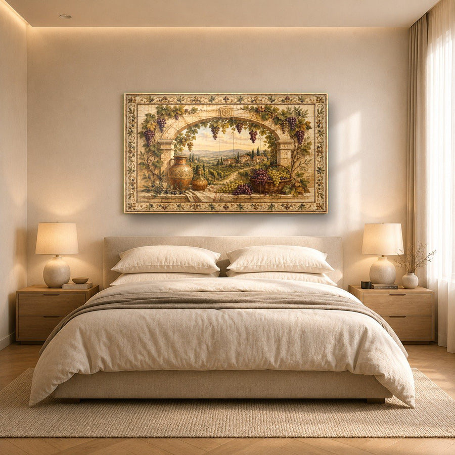 Italian vineyard wall art showcased in a luxury hotel lobby interior design setup