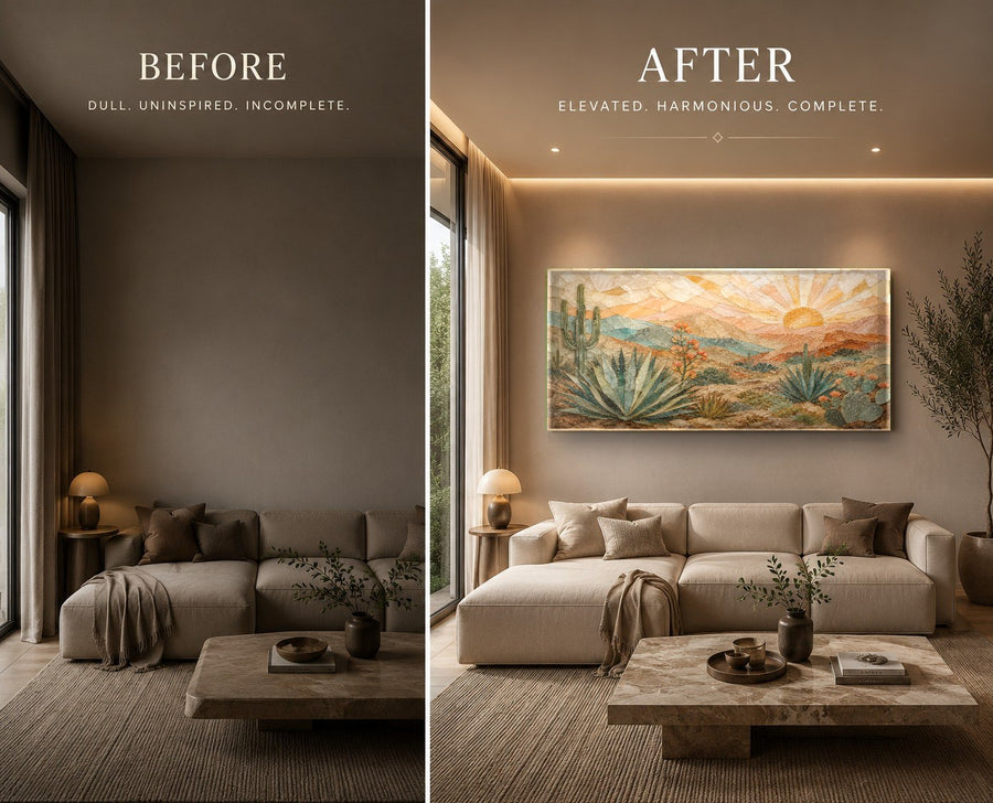 Rustic bedroom interior featuring the Western Sunrise Glass Wall Art above a wooden headboard