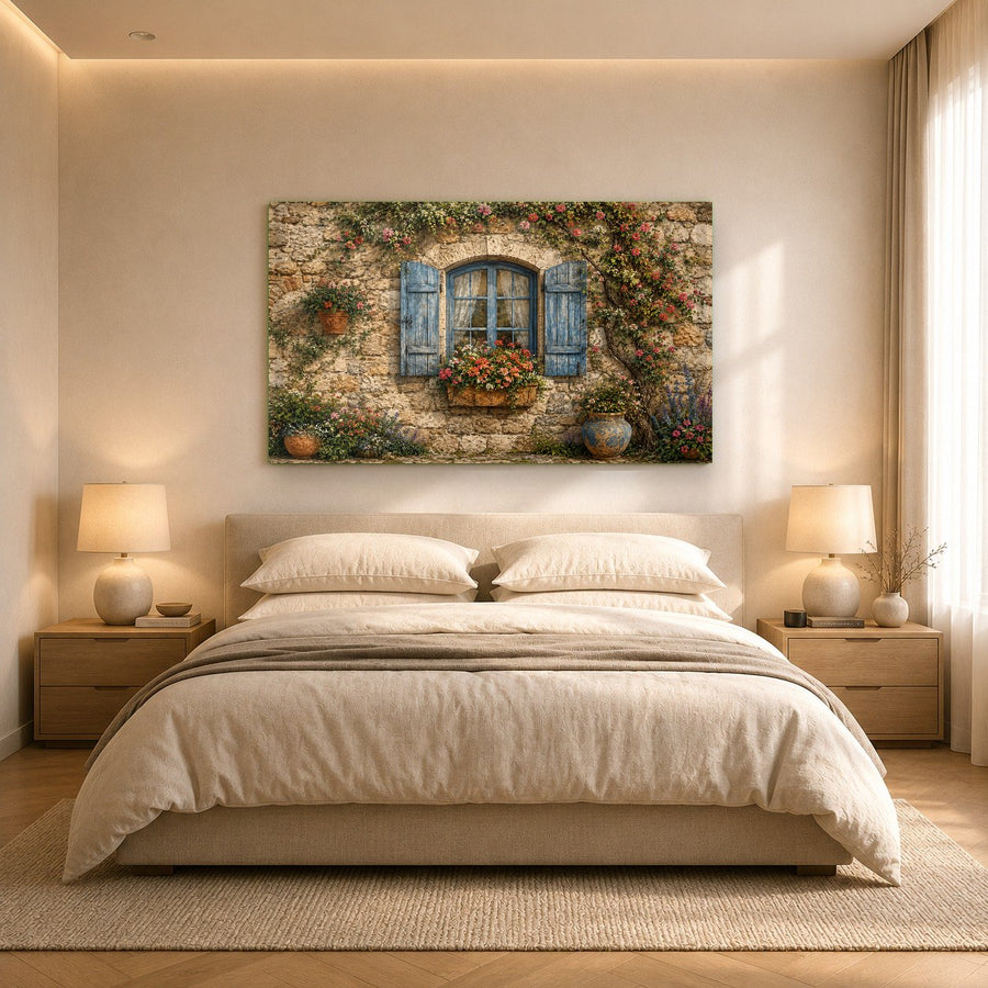 Rustic window glass wall art styled in a modern kitchen above a breakfast bar with natural light.