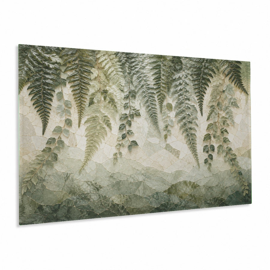 Aurora Forest glass wall art hanging above a modern gray sofa in a cozy, minimalist living room.