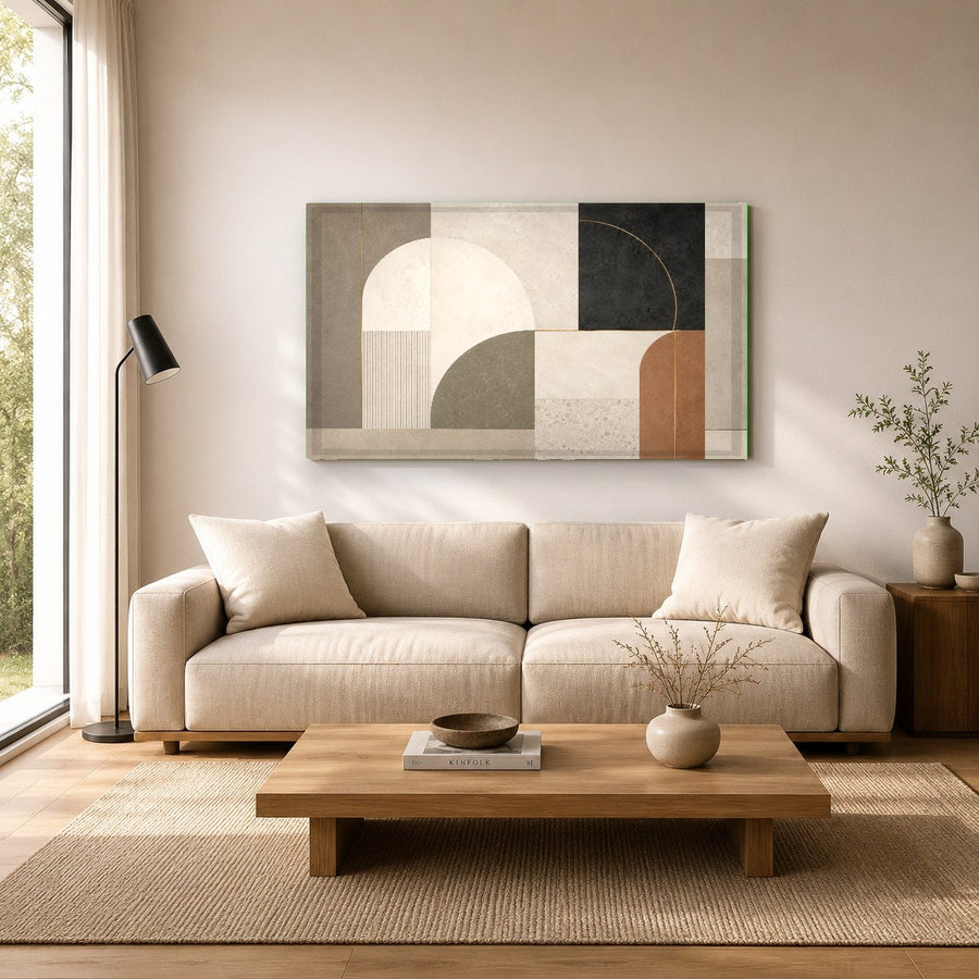 A stylish dining room with an industrial wooden table and Urban Geometry glass wall art reflecting warm pendant lights.