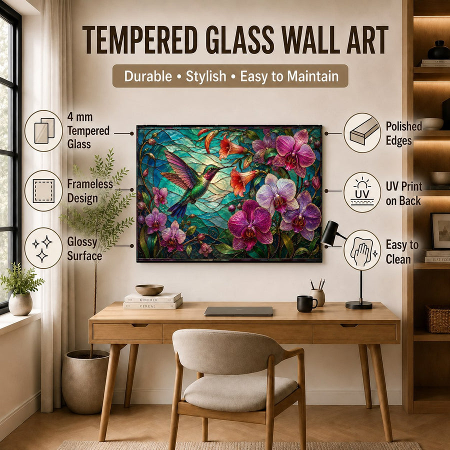Tropical hummingbird glass print creating a relaxing, spa-like ambiance in a luxury bathroom setting.