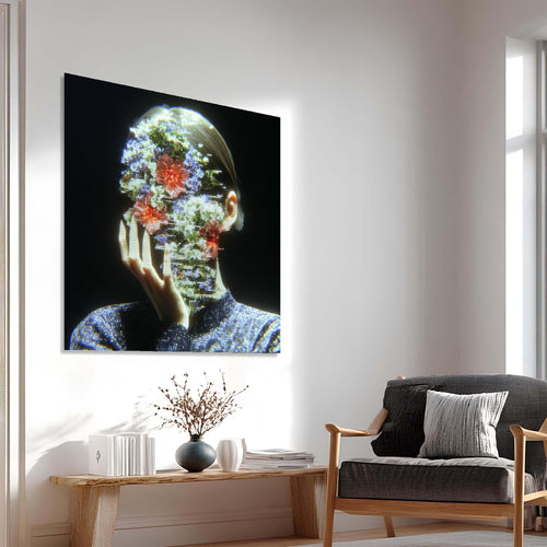 Digital art piece with a person's face overlayed with floral patterns on a dark background