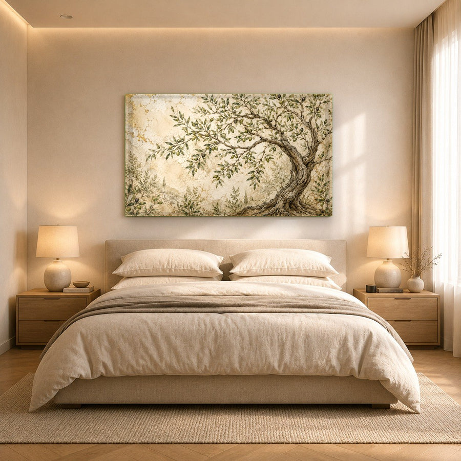 A luxurious bedroom with an Olive Fresco botanical glass print styled above a king-sized bed with sage green linens.