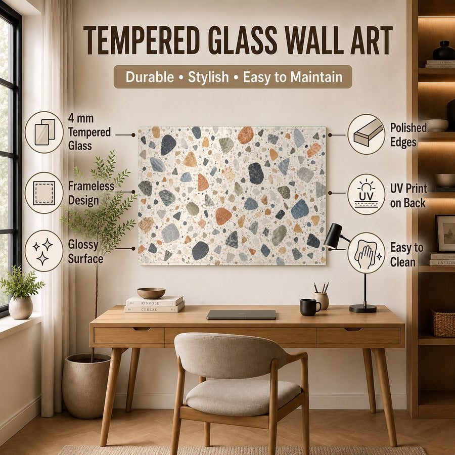 An office lobby decorated with a large Terrazzo Mosaic glass wall art piece creating a professional look.