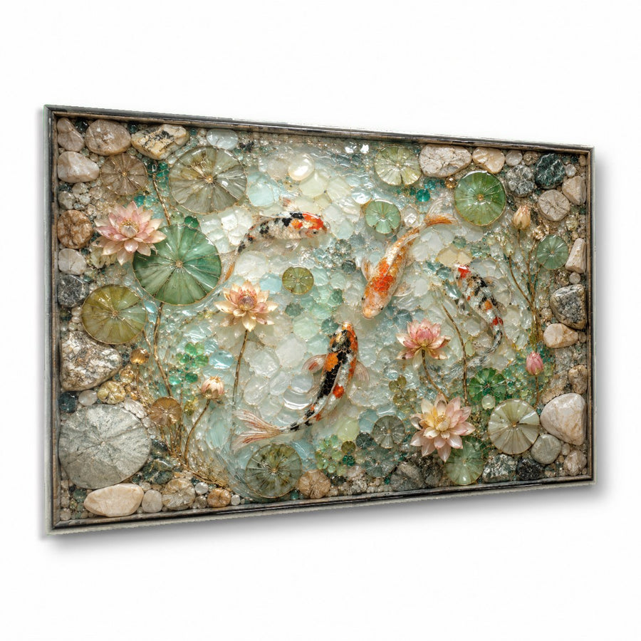 Green koi glass wall art hanging above a minimalist grey sofa in a modern, sunlit living room.