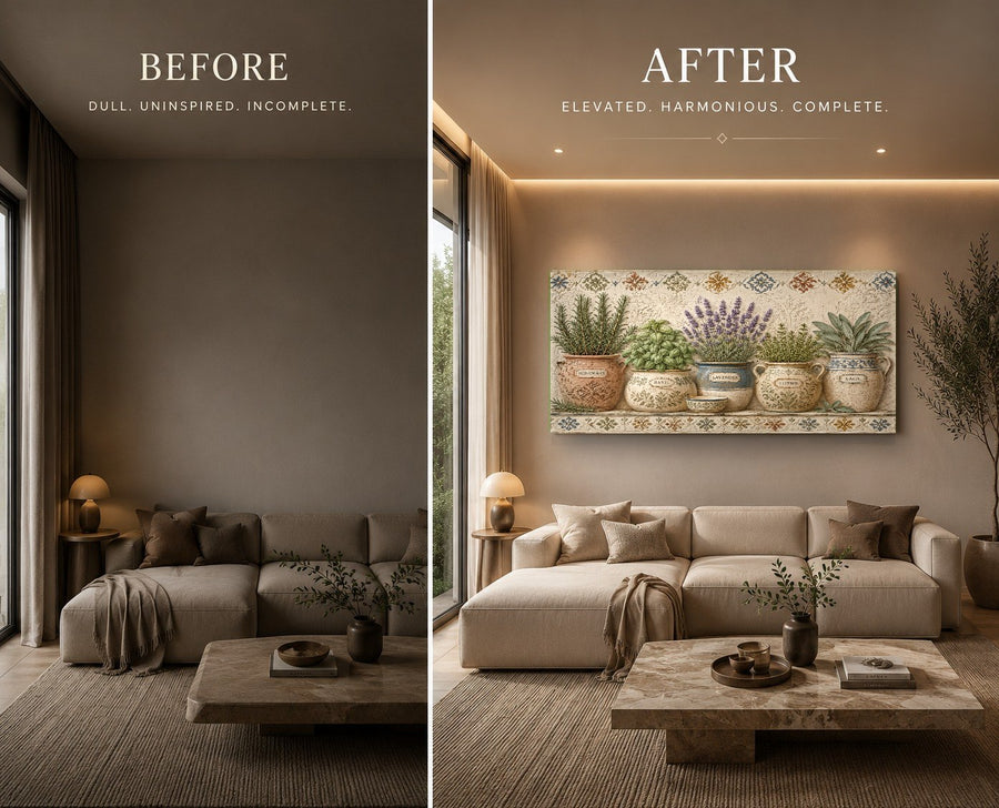 Charming flower pot glass print styled above a cozy beige sofa in a farmhouse-inspired living room.