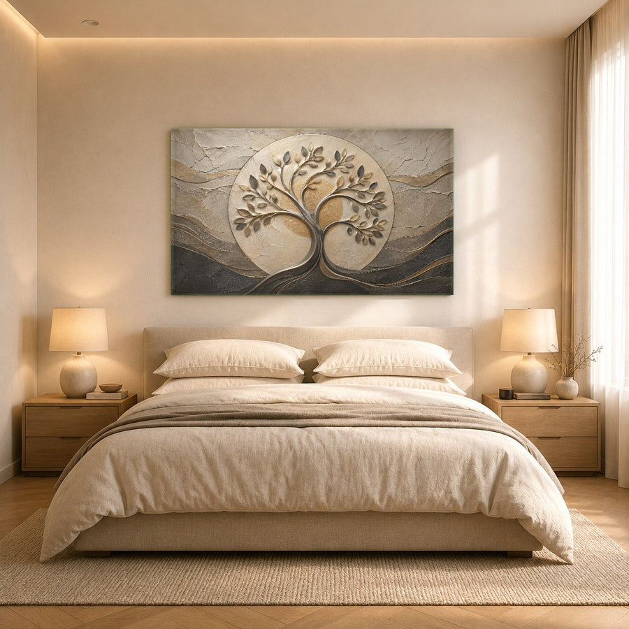 A vertical tree with leaves glass art piece decorating the wall of a tranquil wellness spa waiting area.