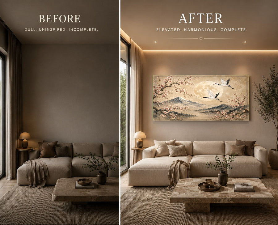 Side-angle view of the frameless tempered glass print showing its reflective surface in a sunlit hallway.