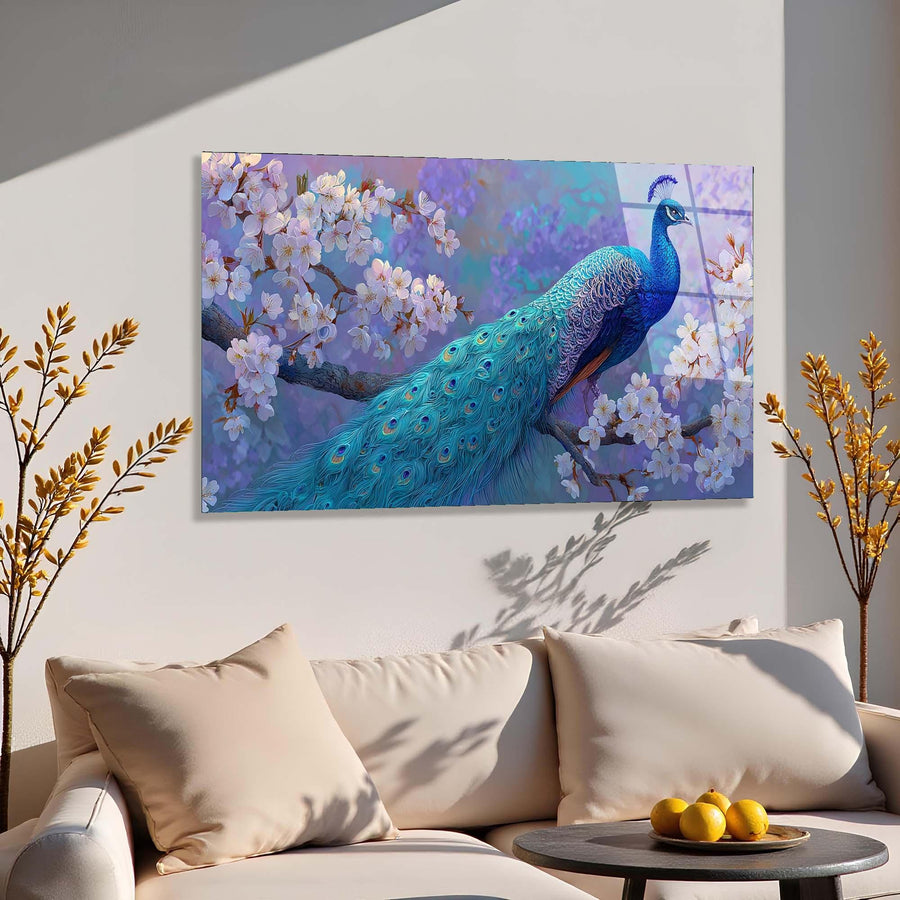 Peacock Blossom Tempered Glass Wall Art | Elegant Nature Decor