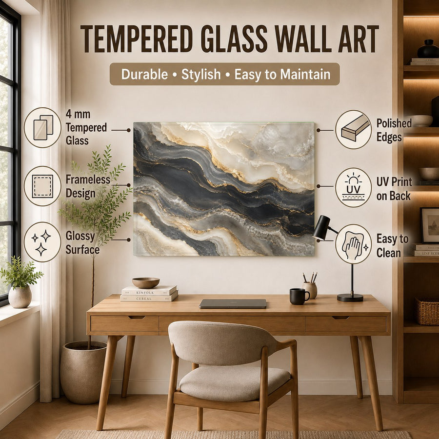 Side-angle view of Golden Onyx Glass Wall Art reflecting light in a sunlit modern apartment