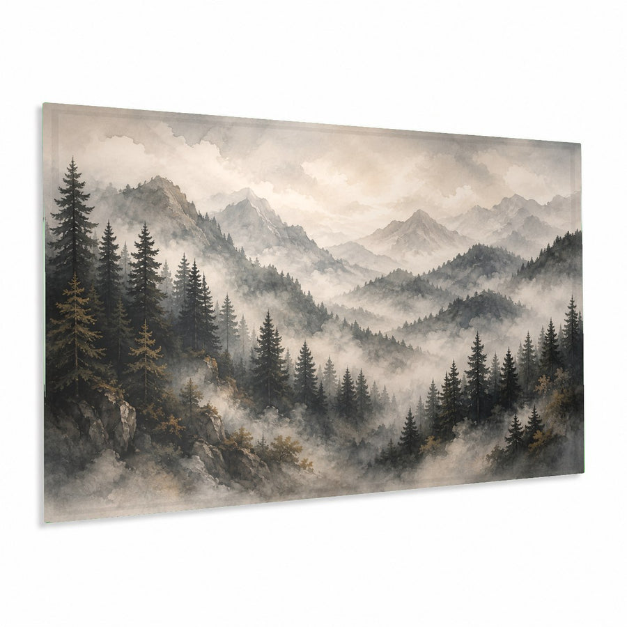 Misty forest glass wall art hanging above a beige sofa in a modern minimalist living room, angled view.