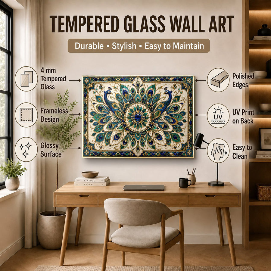 Mandala glass wall decor mounted on an accent wall in a stylish hallway