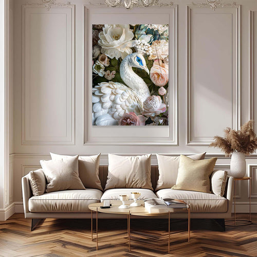 White peacock surrounded by flowers on a white background