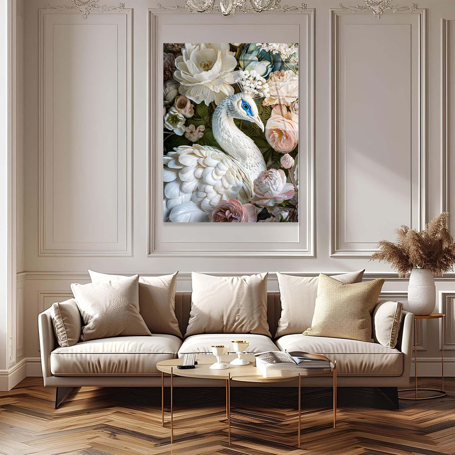 Living room with a beige sofa, decorative coffee table, and floral peacock artwork on the wall.