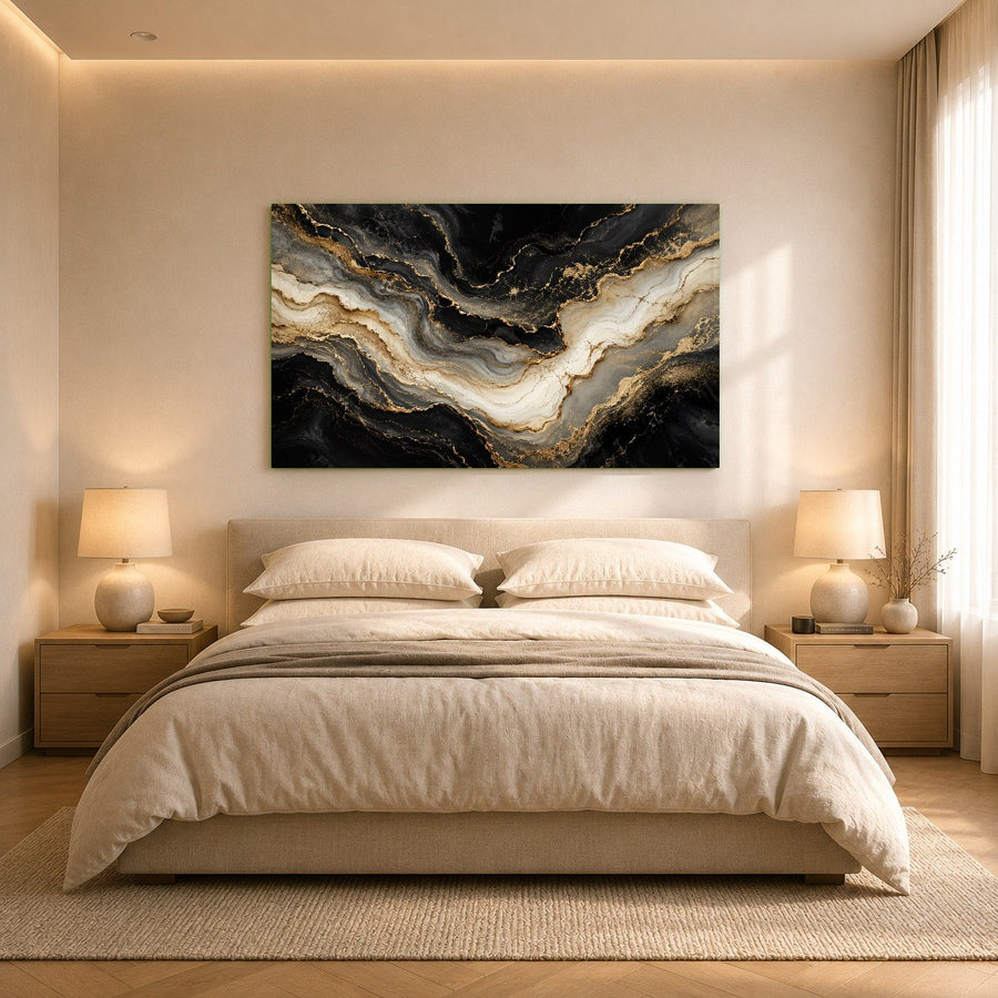 A bright, sunlit hallway featuring the luxurious golden marble tempered glass artwork reflecting natural light.