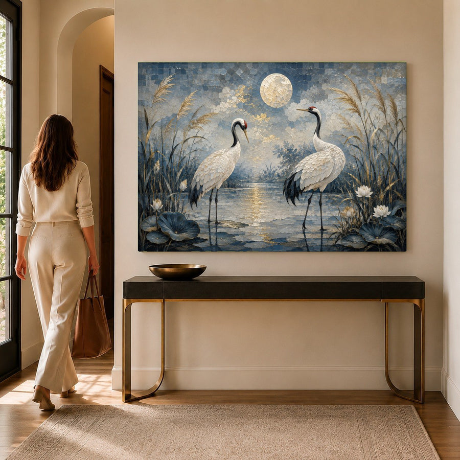 Close-up of the high-gloss tempered glass print featuring golden cranes and a full moon in a modern dining room.