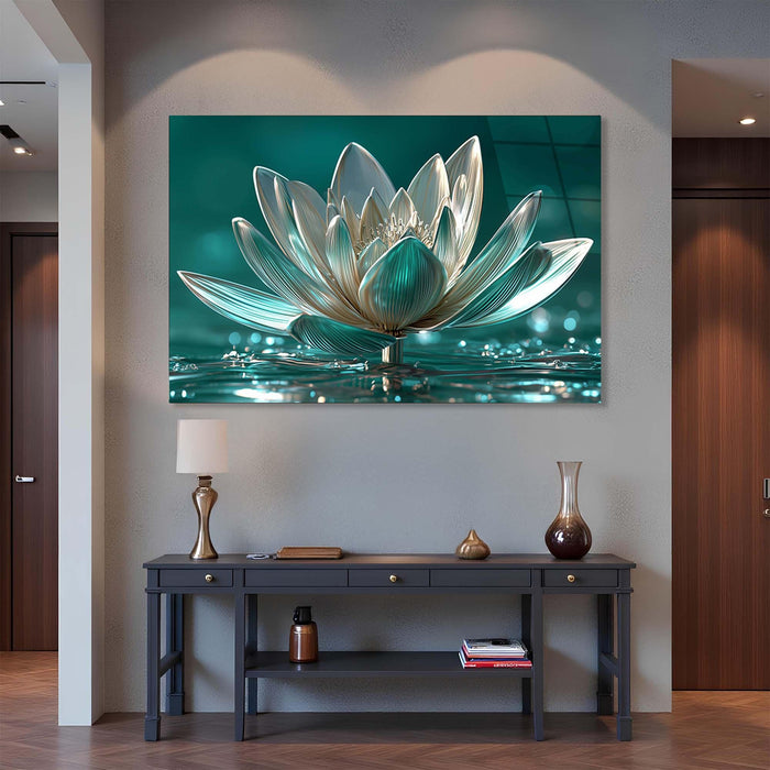 Lotus Flower Tempered Glass Wall Art | Elegant Floral Glass Wall Art for Living Room