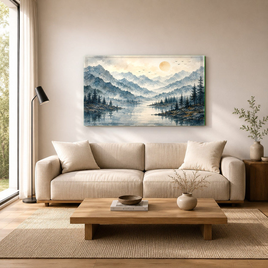 Serene landscape glass art styled on a textured concrete wall of a luxury spa relaxation room.