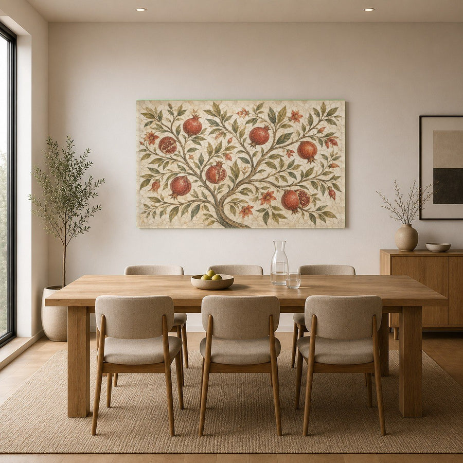A modern kitchen featuring the Mediterranean-style pomegranate glass print mounted above a marble countertop.