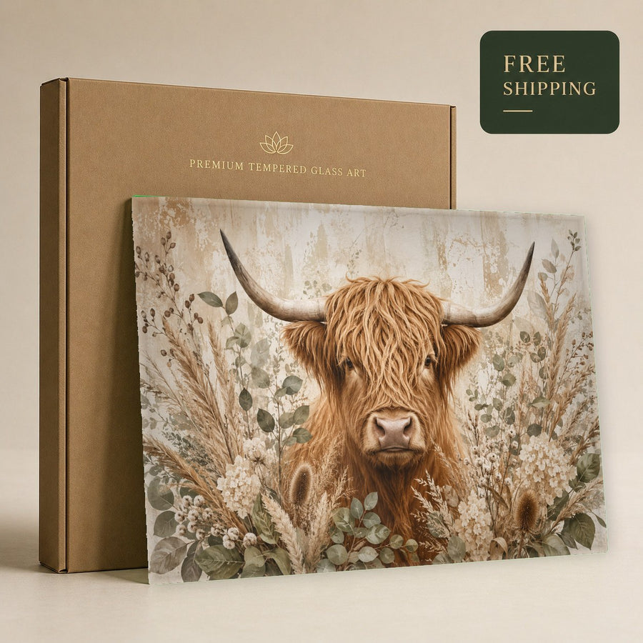 Tempered glass animal print featuring a majestic cow in a minimalist spa reception area.
