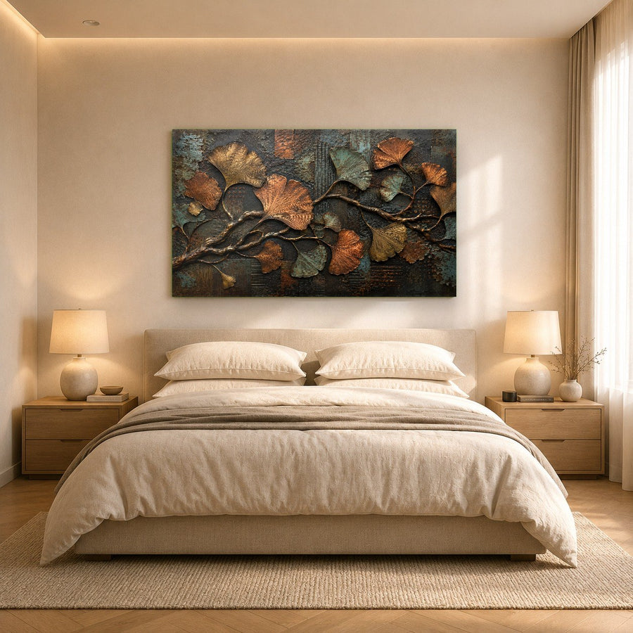 Interior mockup of Ginkgo Metal Glass Wall Art in a sunlit dining area with natural decor