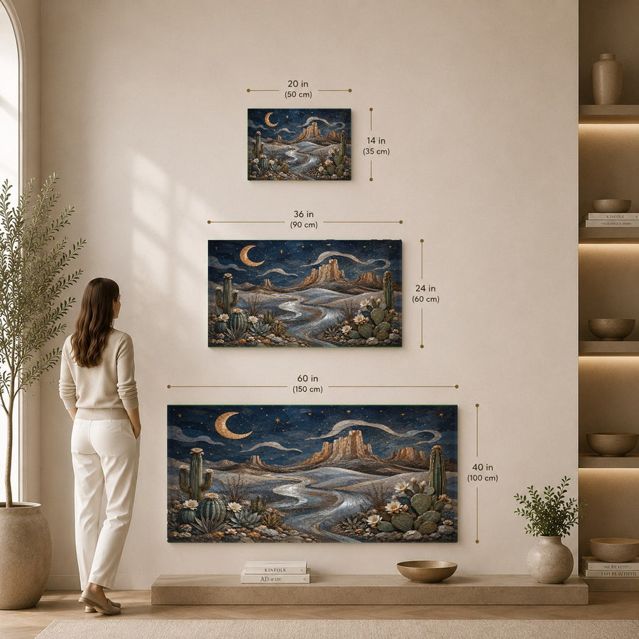 Serene desert moon glass artwork installed in a modern spa waiting room, creating a relaxing, peaceful atmosphere.