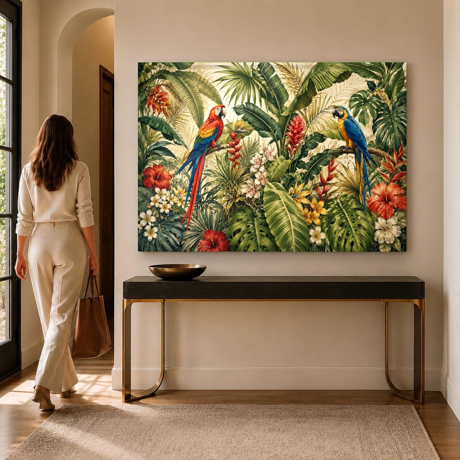 Exotic bird tempered glass print mounted on a textured accent wall in a stylish master bedroom