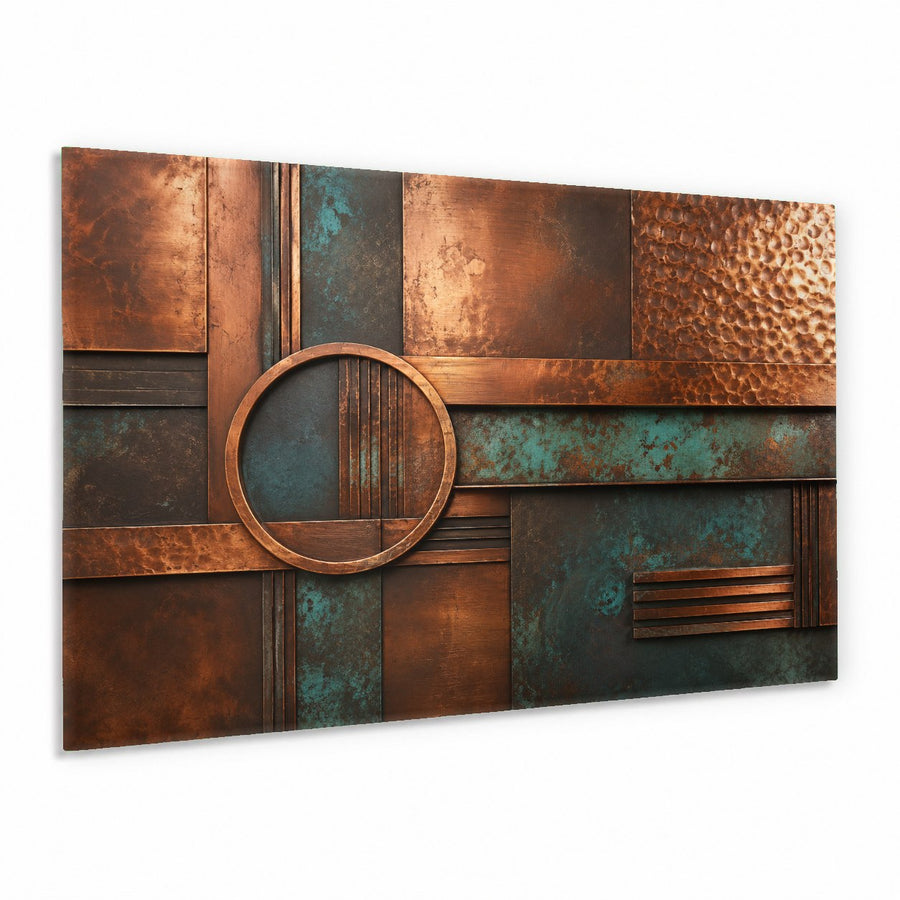 Patina Luxury glass wall art hanging above a modern minimalist sofa in a bright living room