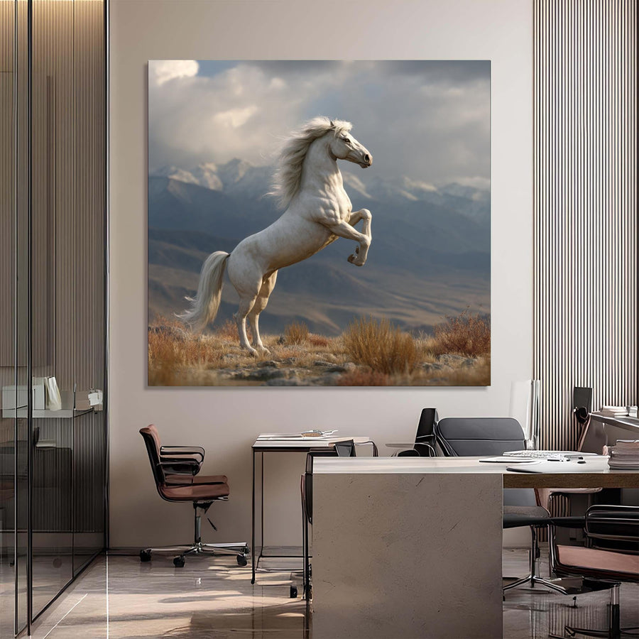 Modern office interior with a large painting of a horse on a mountain landscape.
