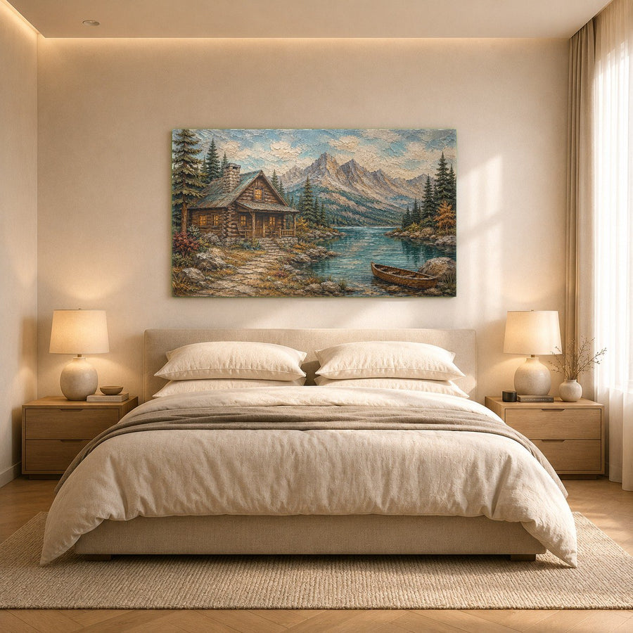 Large lake cabin tempered glass wall decor in a minimalist interior setting
