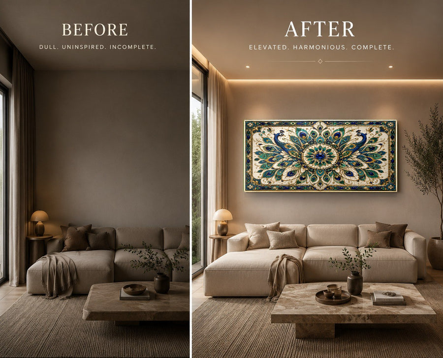 Close-up of vibrant mandala glass wall art showing high-gloss details