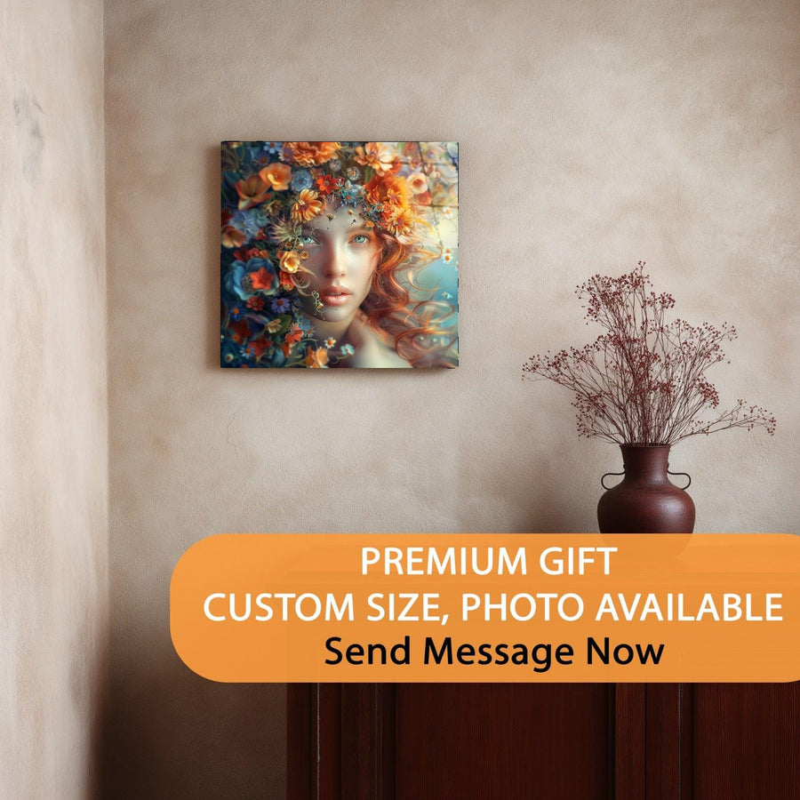 Artistic wall canvas of a woman's face with flowers on a beige wall, accompanied by a vase with dried plants.
