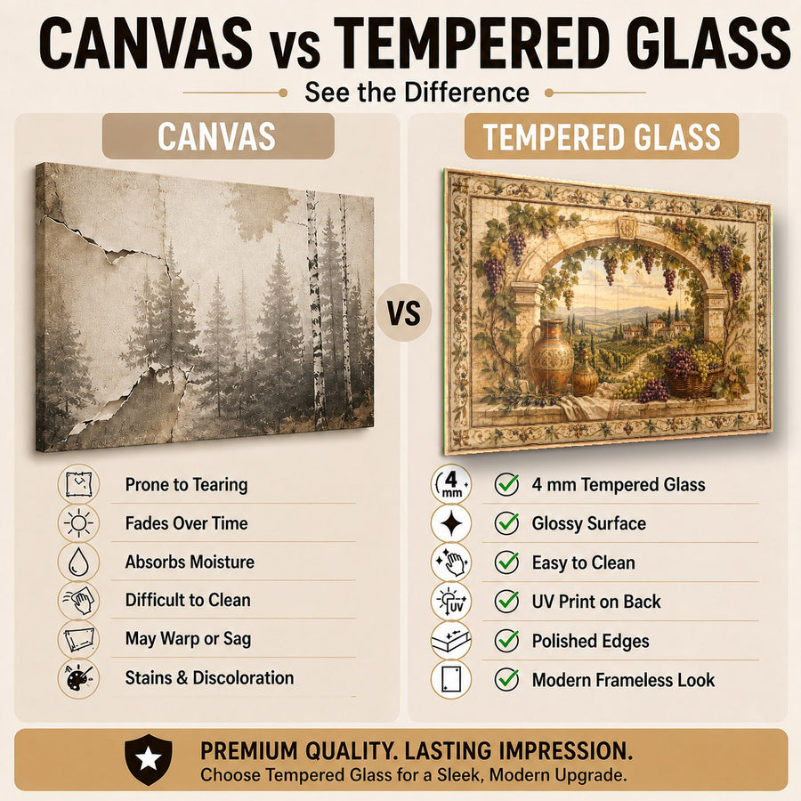 Rustic Tuscan countryside glass print mounted in a cozy hallway with warm lighting