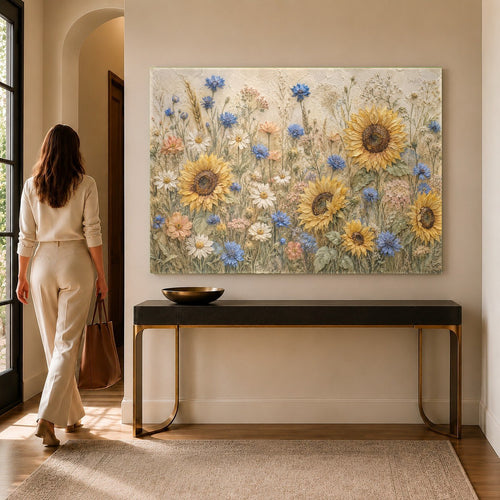 Sunflowers glass wall art hanging above a modern minimalist sofa in a bright living room