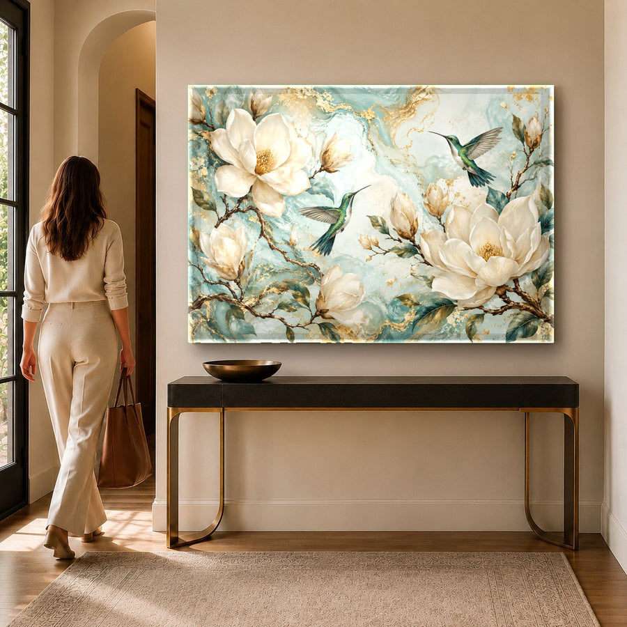 A close-up view of the hummingbird tempered glass print highlighting the glossy finish in a cozy bedroom.
