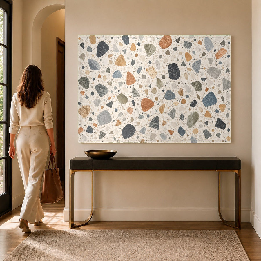 Close-up of the high-gloss Terrazzo Mosaic tempered glass print showcasing vibrant stone-like details.