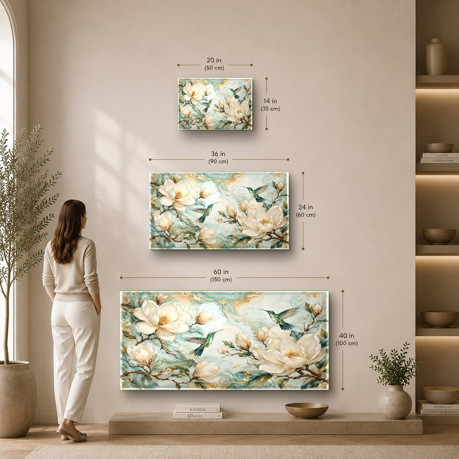 Large hummingbird glass artwork mounted on a textured stone wall in a luxury living room.